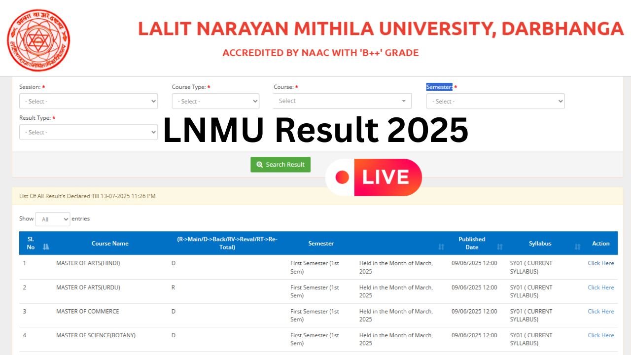 LNMU Part 3 Result 2025 OUT: ललित नारायण मिथिला यूनिवर्सिटी रिजल्ट जारी, ऐसे करें चेक; Direct Link 2 LNMU Part 3 Result 2025 OUT