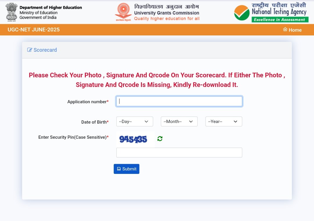 UGC NET June 2025 Score Card Link